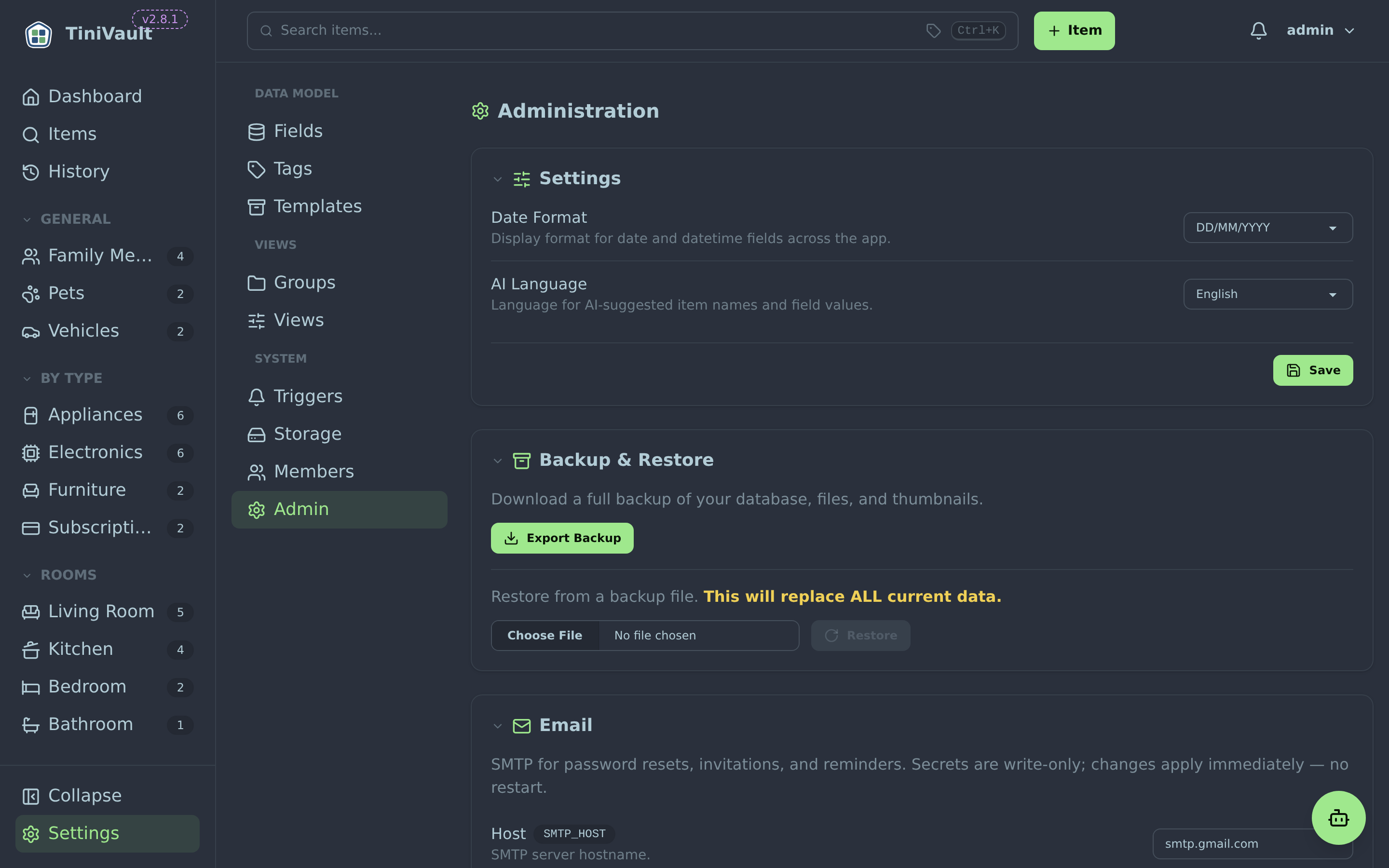 Admin page showing backup and restore section with download and upload buttons