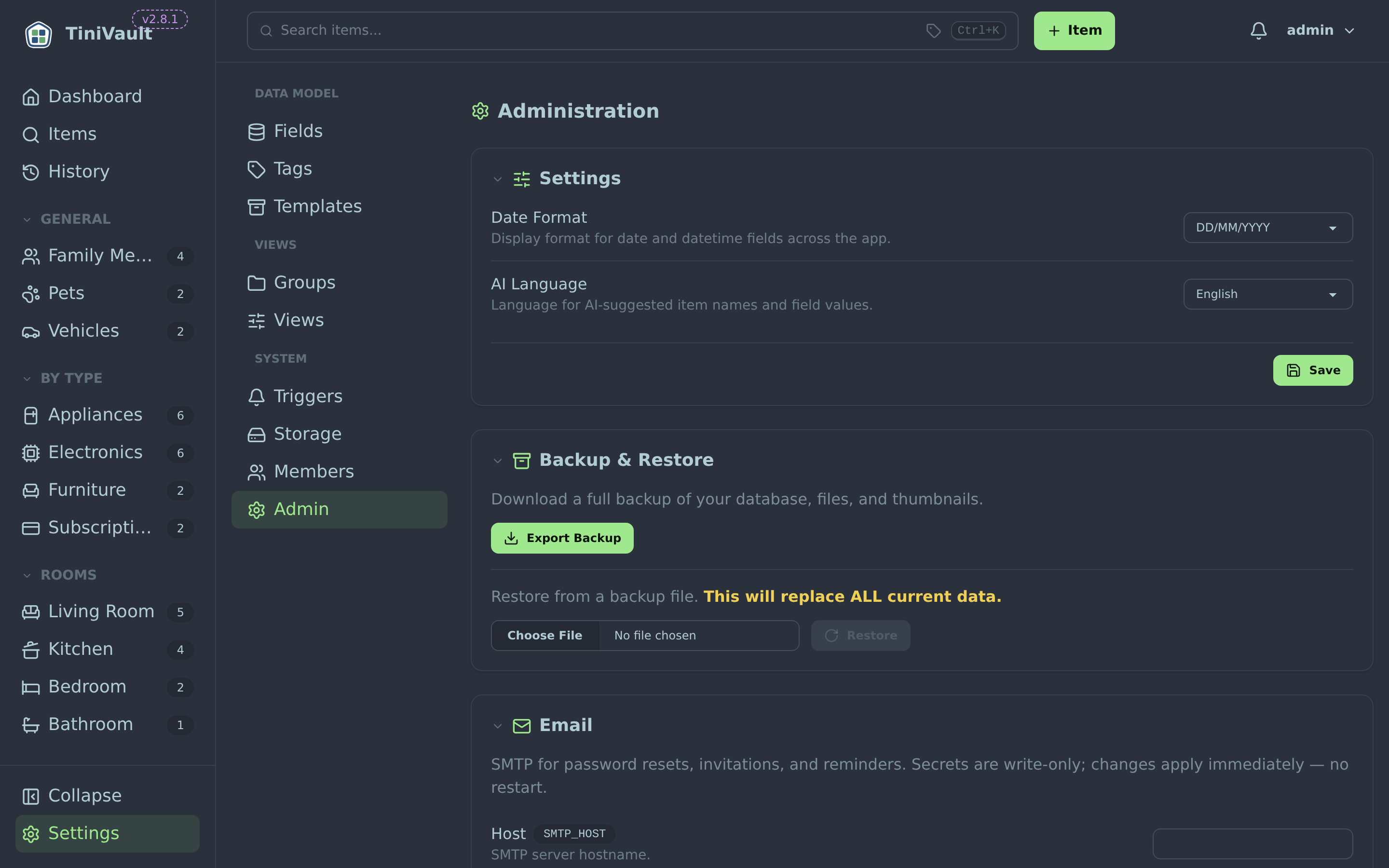 Settings page showing date format dropdown and AI language selector