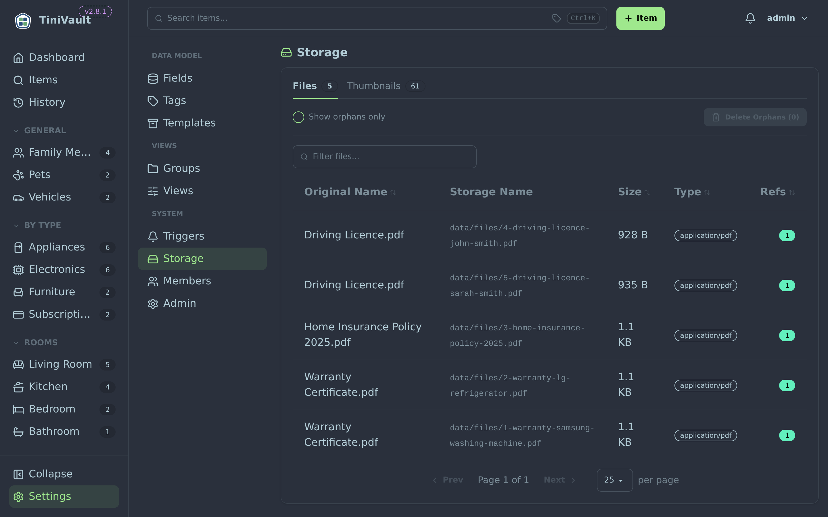 Storage page showing disk usage and cleanup buttons