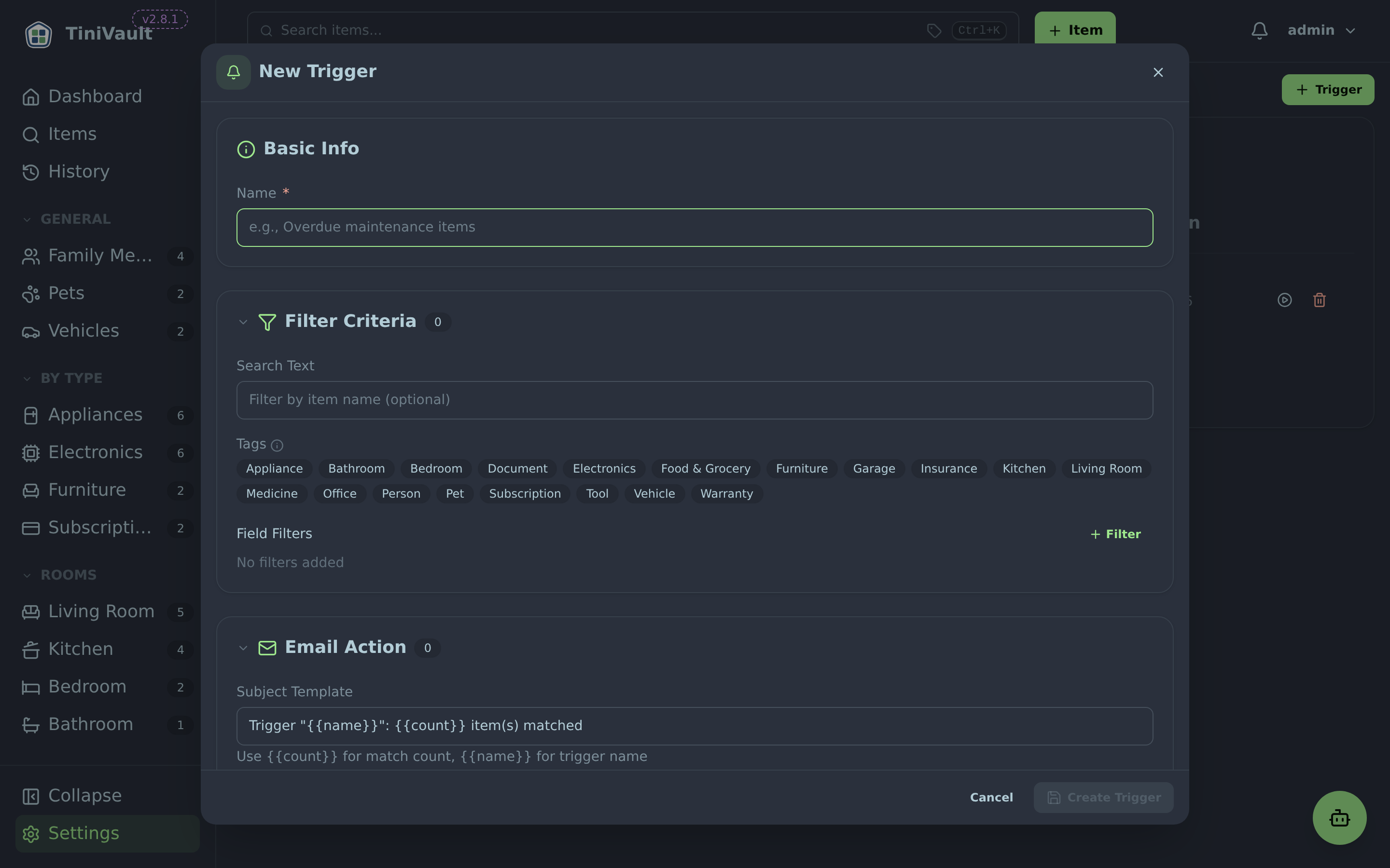 Create trigger dialog showing name, schedule, and filter builder