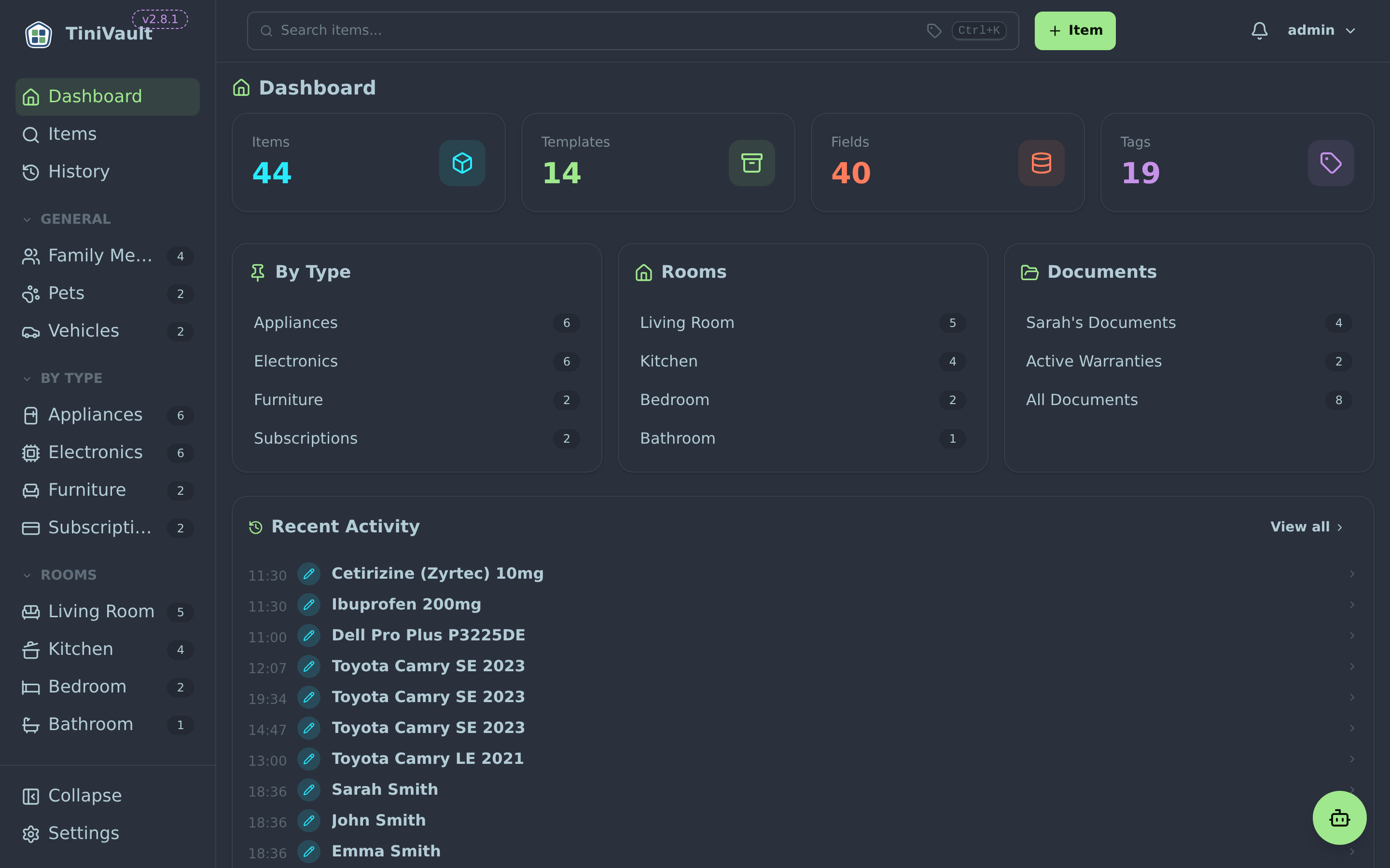 Dashboard showing view group cards with item counts