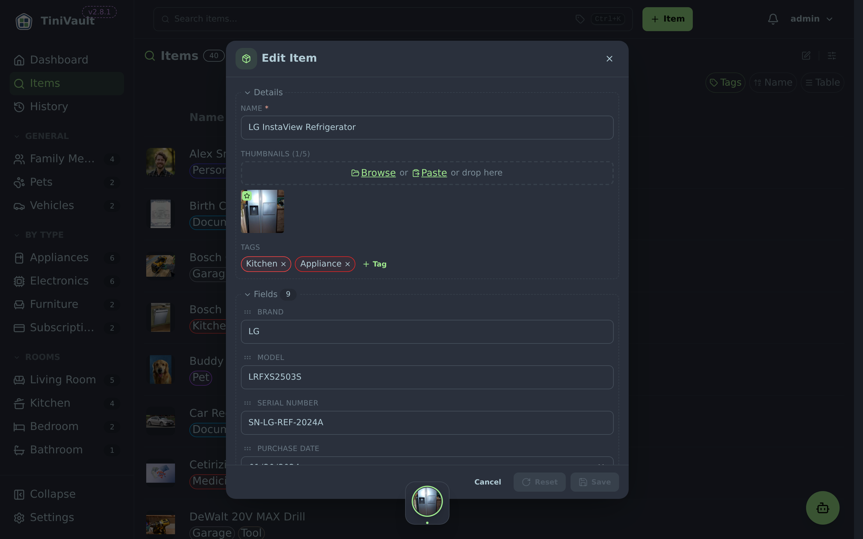 Edit item dialog showing fields, tags, and drag handles for reordering