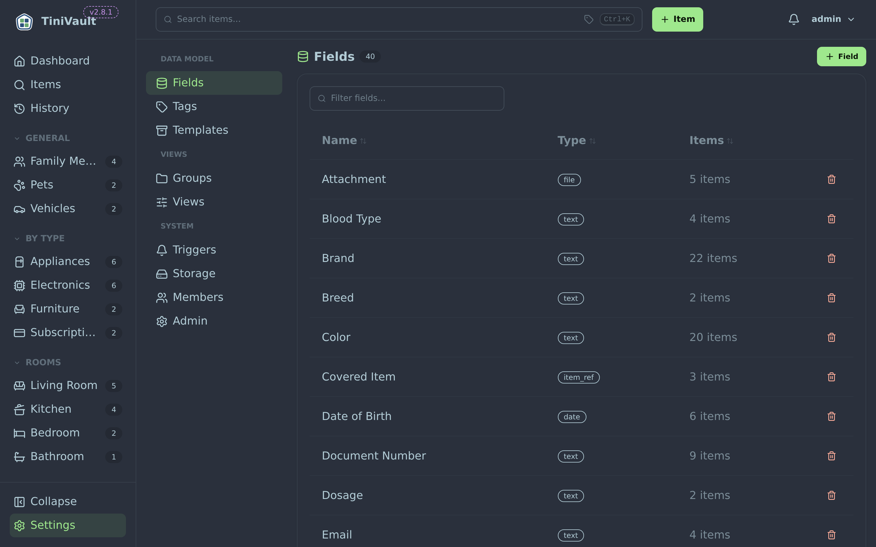 Fields management page showing the list of custom fields