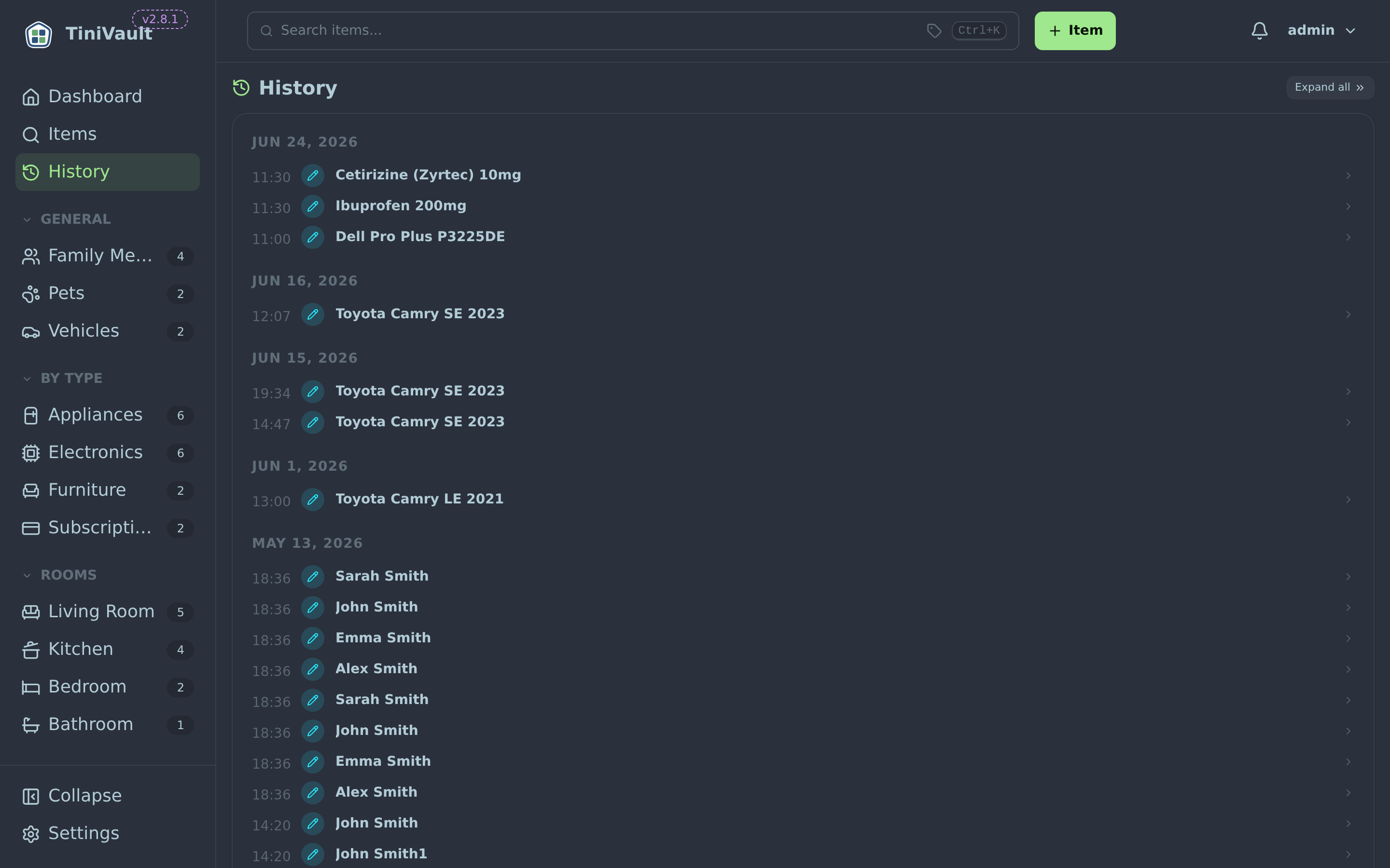 Global history feed showing date groups with item changes listed below each date
