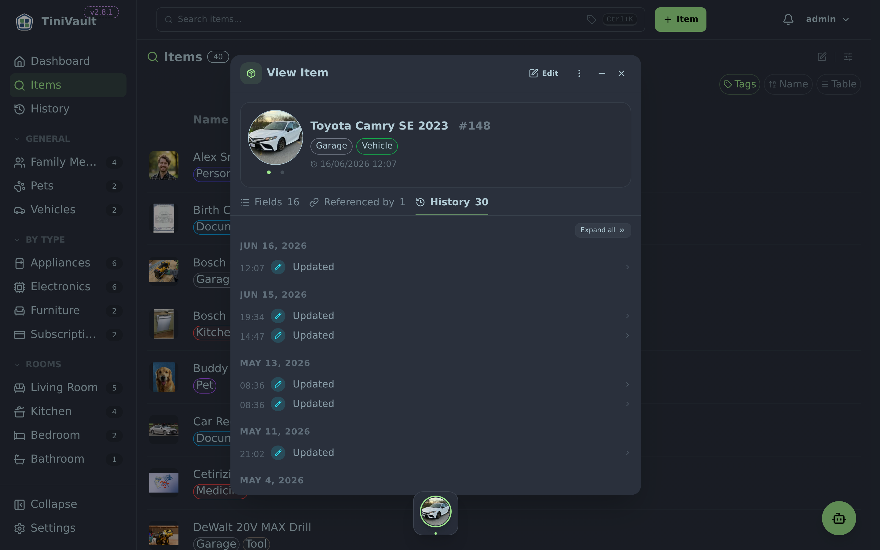 Item history panel showing a list of changes with before and after values