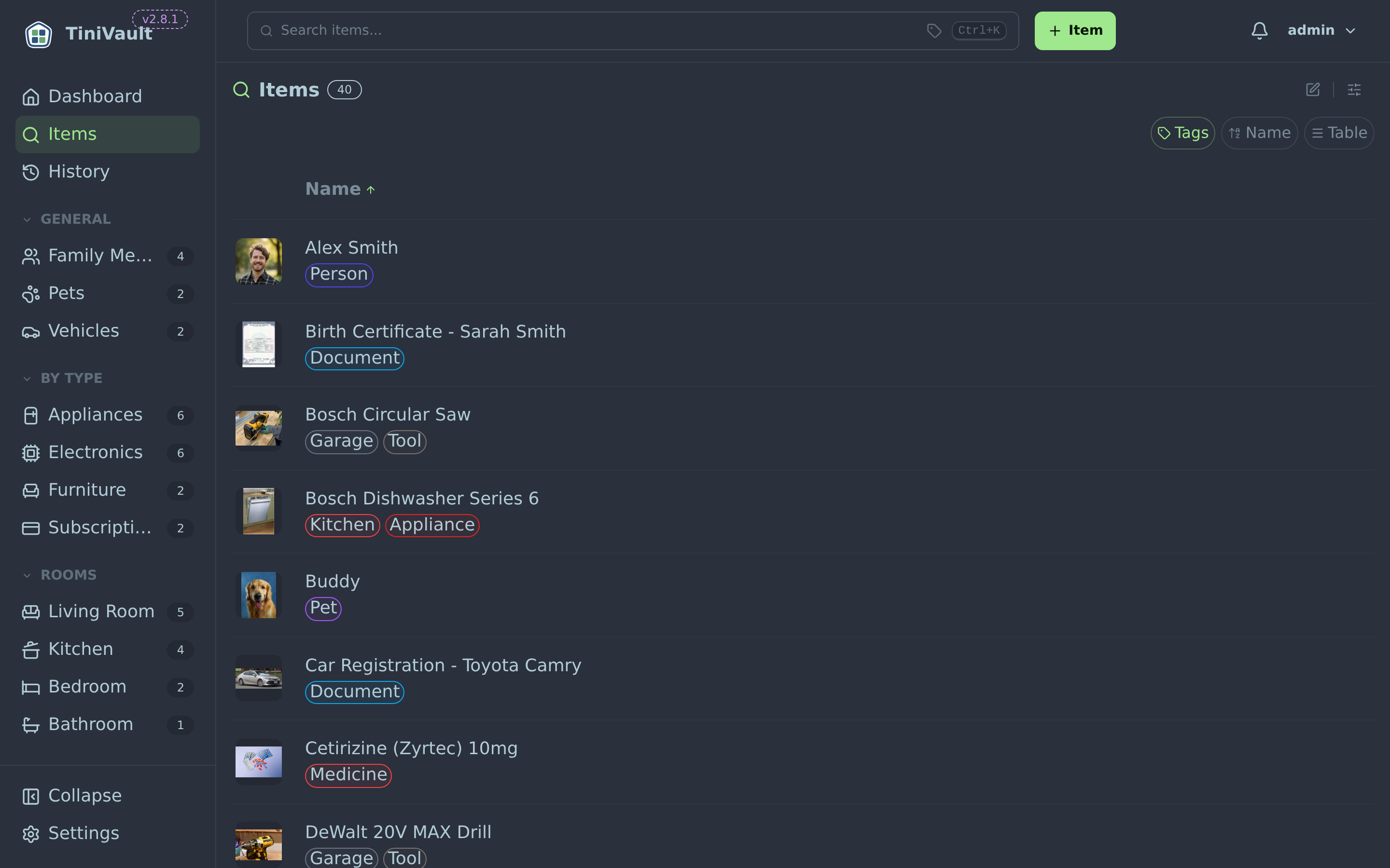 List of items showing cards with thumbnails, names, tags, and fields