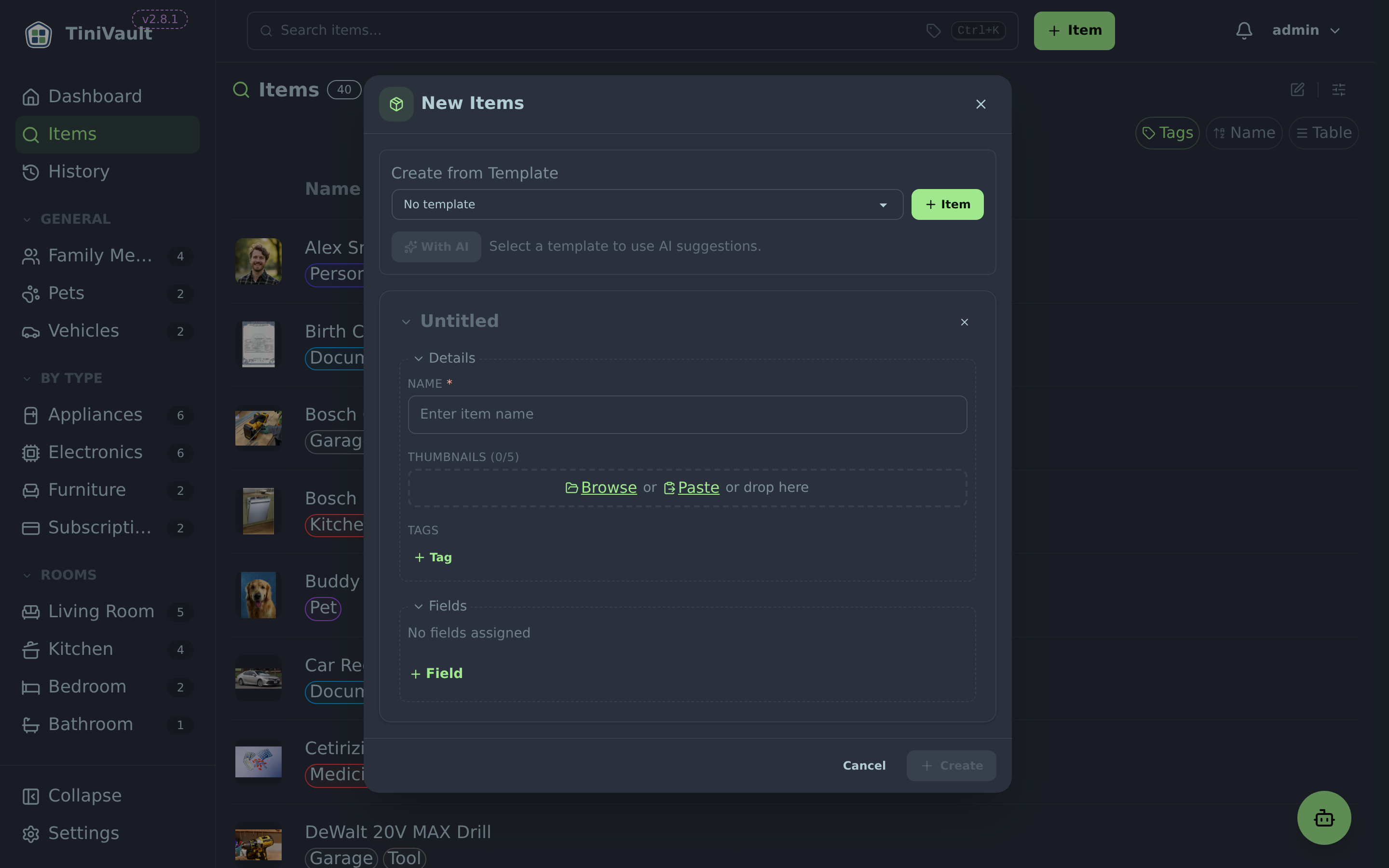 New item dialog showing name field, template selector, tags, and custom fields