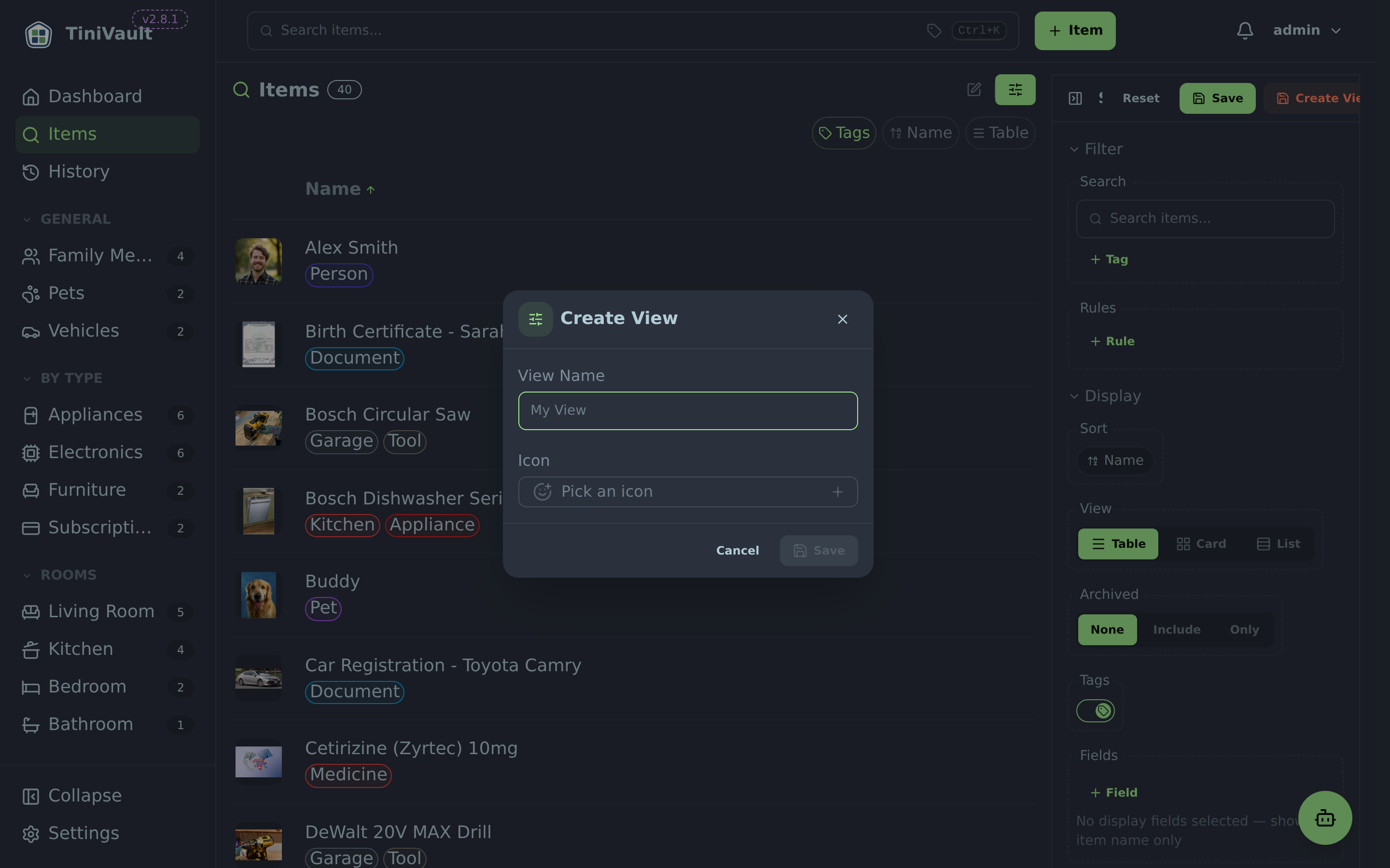 Save view dialog showing name input and icon picker