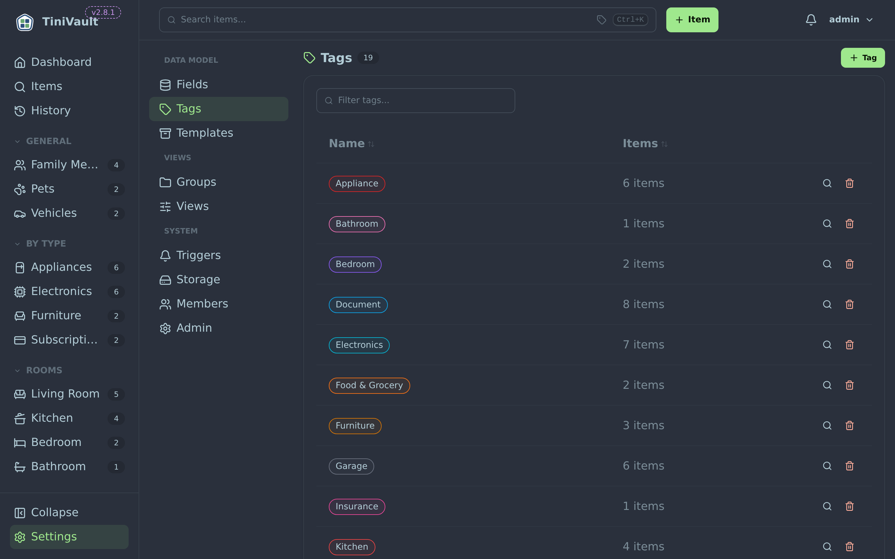 Tags management page showing all tags with their colours