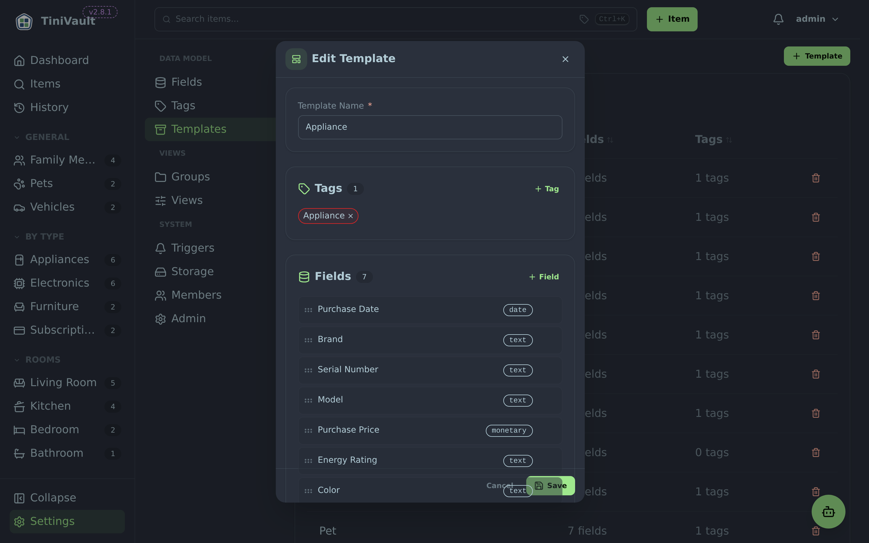 Template editor showing field assignment with drag-to-reorder handles