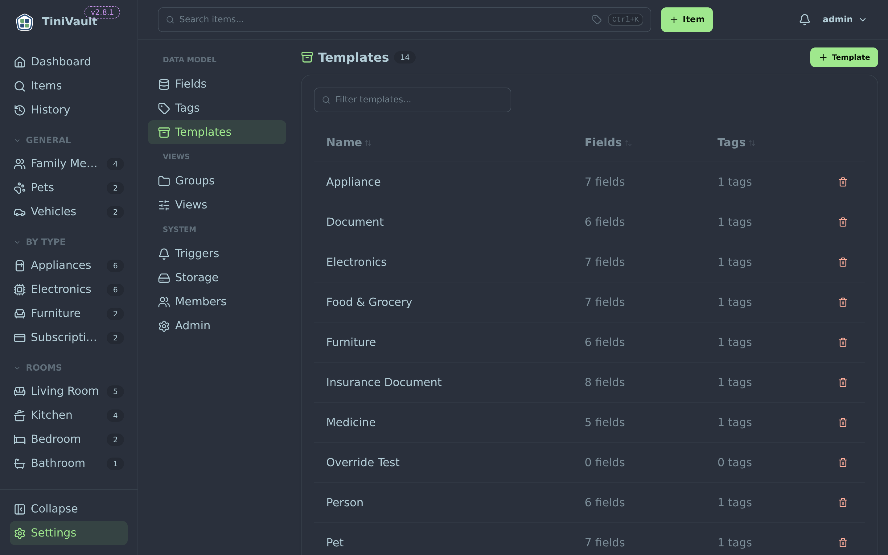 Templates management page showing available templates
