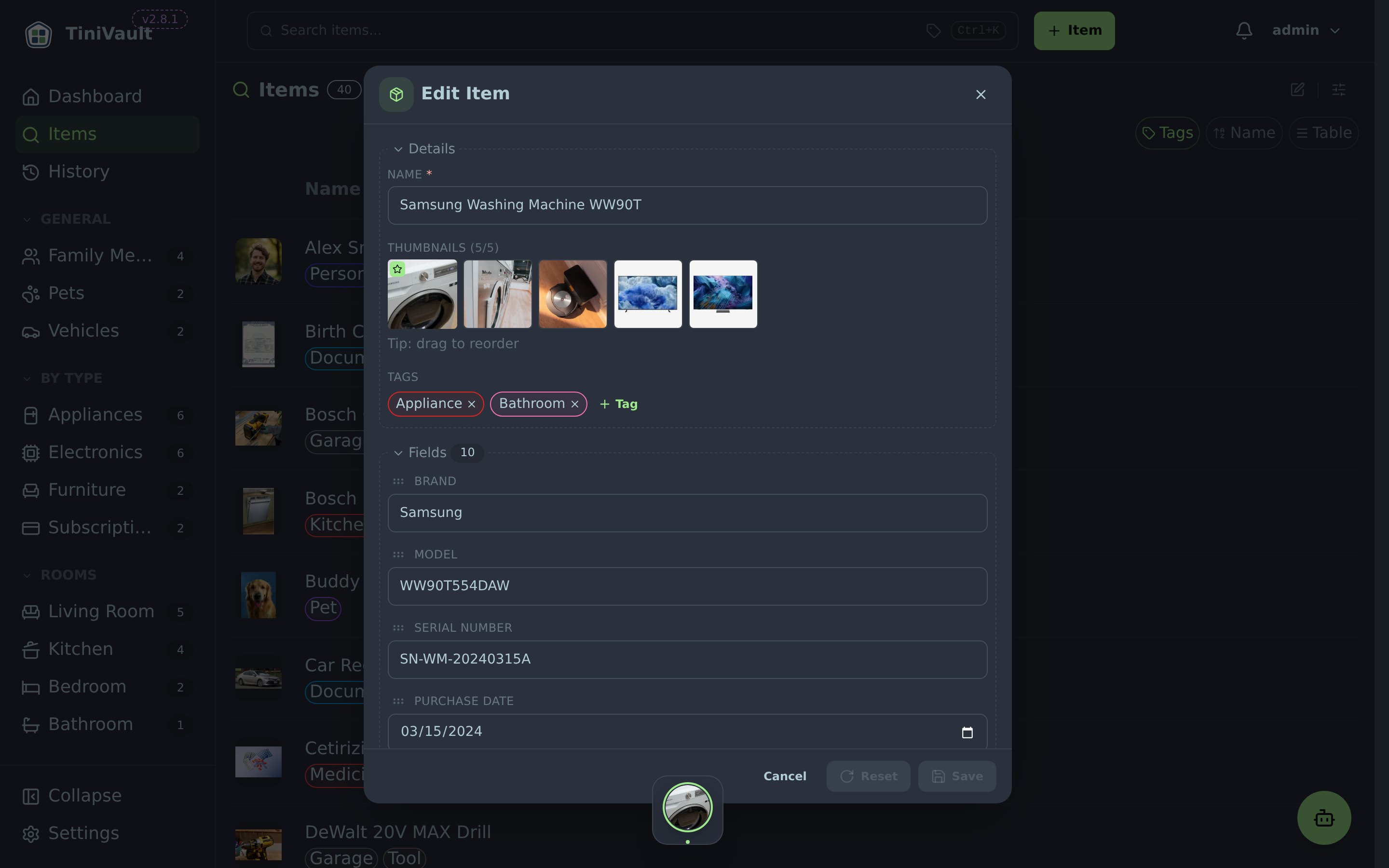 Thumbnail management dialog showing multiple thumbnails with rotate and delete options