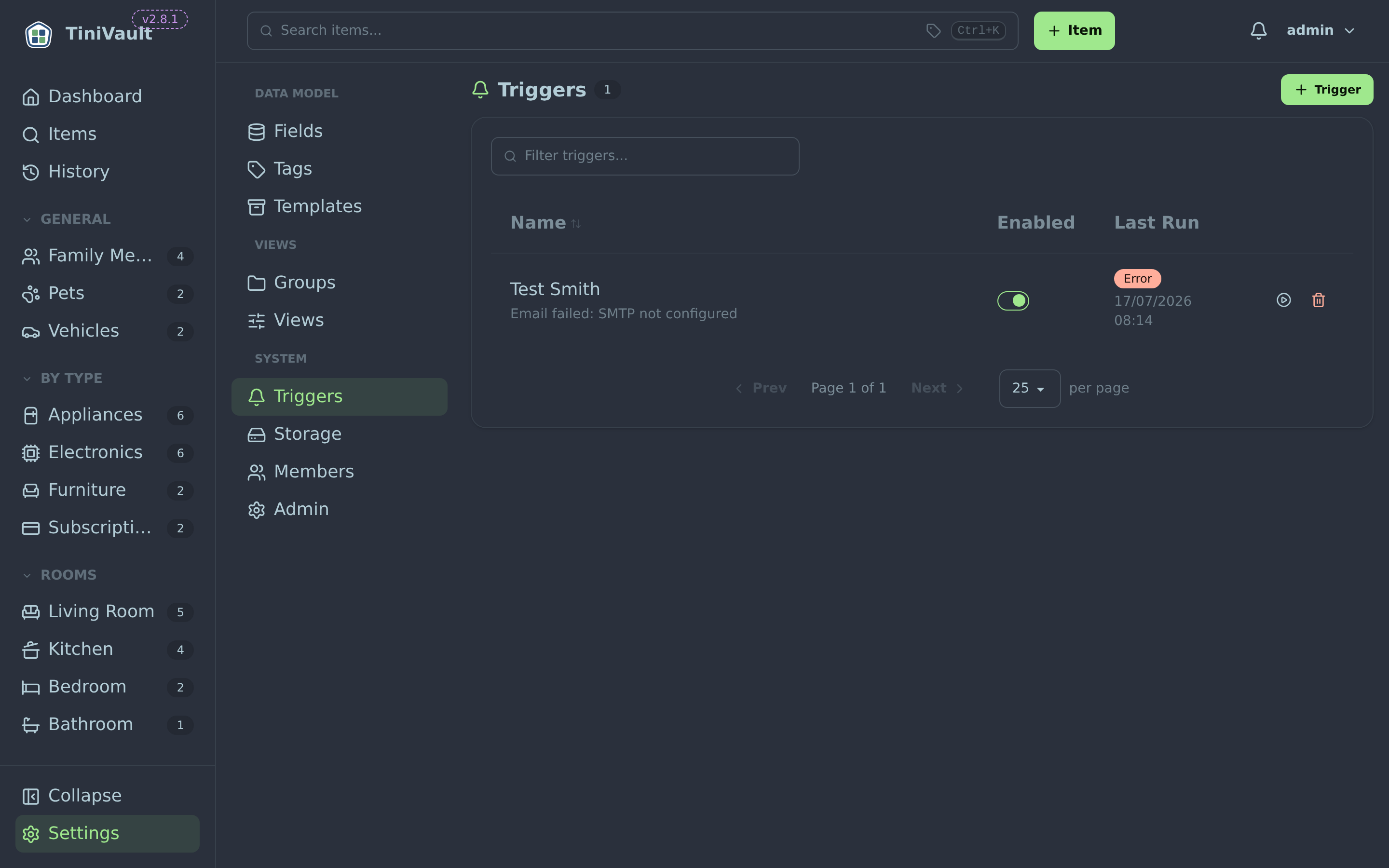 Triggers management page showing list of triggers with enable/disable toggles